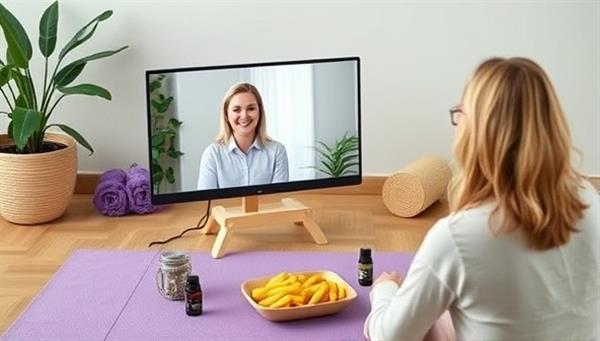 A virtual wellness coach conducting a video session with a client, displaying a calming background with yoga mats, essential oils, and healthy snacks, creating a serene and supportive atmosphere for coaching sessions.