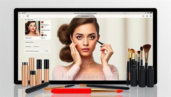 A digital platform interface showcasing a virtual makeup tutorial session with a professional makeup artist demonstrating techniques on a model, surrounded by a selection of high-end makeup products and brushes, creating an interactive and educational beauty experience.