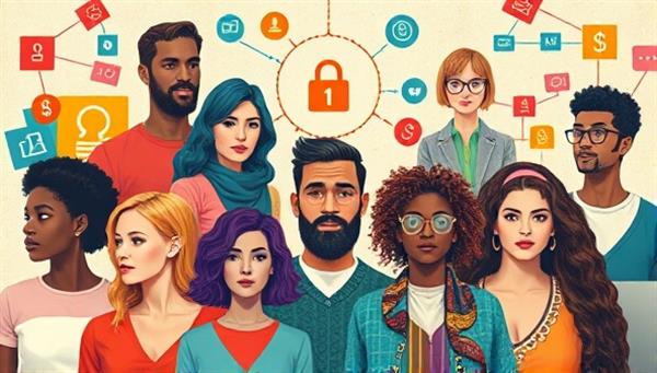 An artistic and modern collage featuring diverse individuals with vibrant digital profiles, interconnected with symbols representing success and influence, conveying the essence of personal branding.