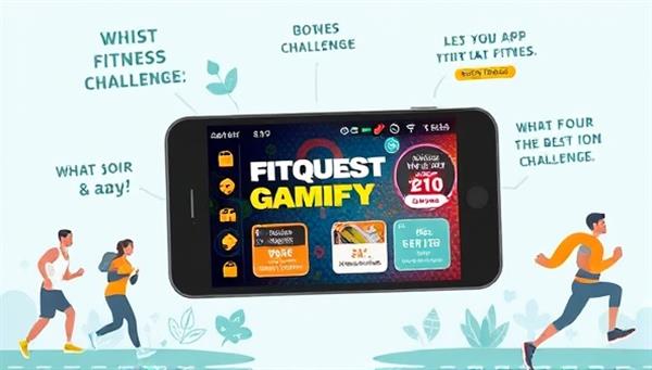 An illustration of a smartphone displaying the FitQuest Gamify app interface, with a mix of gaming elements and fitness challenges, surrounded by motivational quotes and images of people engaging in physical activities, inspiring users to join the fitness challenge.