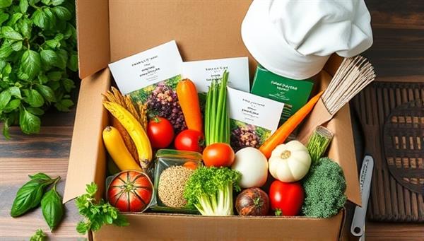 An enticing meal kit box filled with vibrant, fresh ingredients neatly arranged alongside recipe cards, kitchen utensils, and a chef
