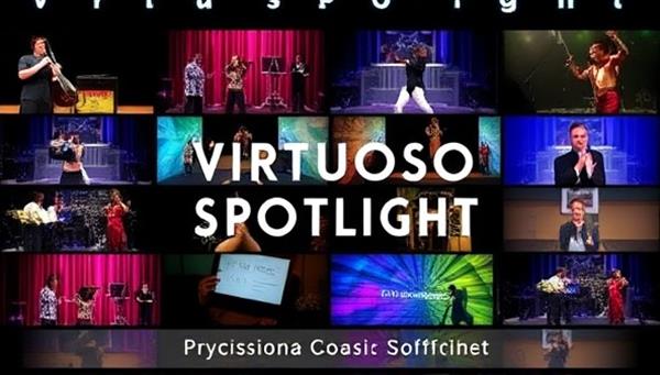 A digital collage featuring a variety of artistic performances and creations, such as musical performances, dance routines, visual art pieces, and more, all displayed on a virtual stage with vibrant colors and dynamic visuals, conveying the diversity and creativity of the talent showcased on Virtuoso Spotlight.