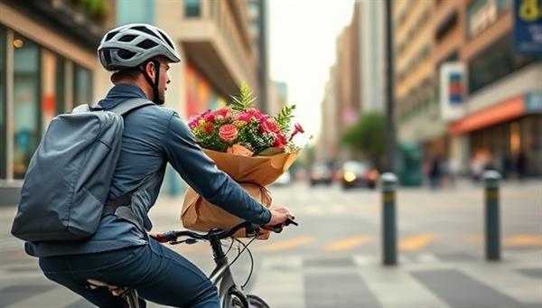 An engaging image of a cyclist delivering a bouquet of flowers in a vibrant city setting, showcasing the efficiency and eco-friendliness of the personalized bicycle delivery service.