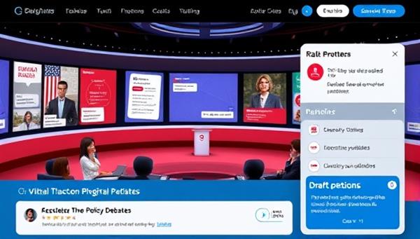 An interactive digital platform interface featuring a virtual debate hall with avatars representing diverse stakeholders engaging in discussions, exchanging ideas, and drafting petitions, with a real-time progress tracker and a notification system for upcoming policy debates, fostering a sense of digital activism and collaboration.