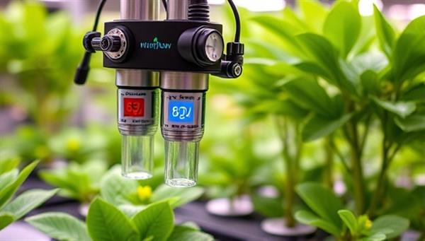 An advanced nutrient dispensing system in action, with sensors monitoring plant health and nutrient levels, showcasing the precision and efficiency of NutriFlow Automation