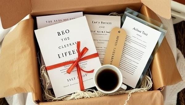 A beautifully designed subscription box overflowing with literary treasures, including a wrapped book, bookmarks, artisan teas, and a handwritten note from an acclaimed author, evoking a sense of enchantment and anticipation for book lovers.