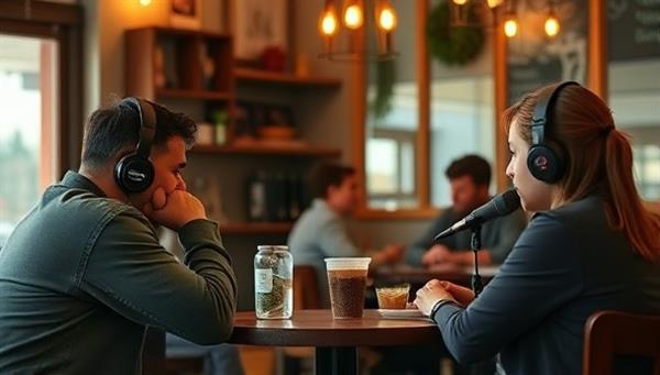 A cozy local cafe with patrons listening intently to a podcast on their headphones, showcasing the intimate and engaging nature of podcast content consumption in a community setting.