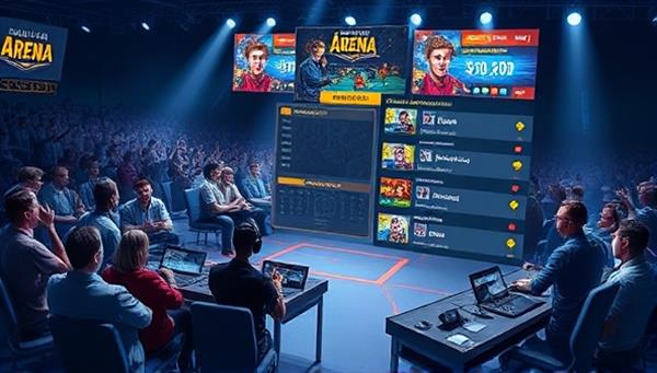 An action-packed tournament scene depicting players engaged in intense gaming matches, cheering crowds, and a leaderboard displaying top players and prize pools, showcasing the competitive and thrilling atmosphere of the SkillQuest Arena platform.