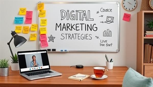 A cozy home office setup with a whiteboard displaying digital marketing strategies, surrounded by colorful sticky notes with marketing tips, a laptop showing online tutorials, and a cup of tea, creating a welcoming and educational atmosphere for digital marketing training.