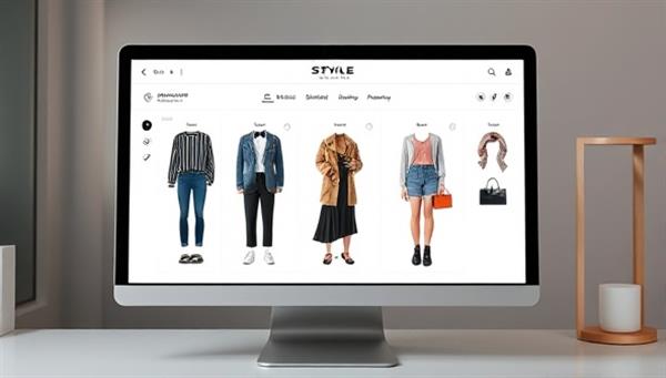 A sleek and modern virtual styling interface on a computer screen, displaying various outfit combinations and accessory options, set against a stylish background to evoke a sense of fashion-forward innovation.