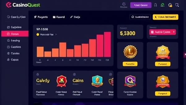 A visually appealing loyalty program dashboard featuring gamified elements like progress bars, reward tiers, and achievement badges, creating a sense of accomplishment and excitement for players in CasinoQuest Rewards.