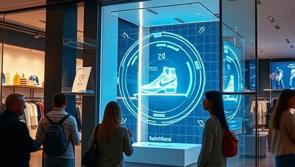 A retail storefront with a holographic window display showcasing a rotating 3D product model, surrounded by mesmerized shoppers interacting with the holographic visuals, creating a futuristic and immersive shopping experience.