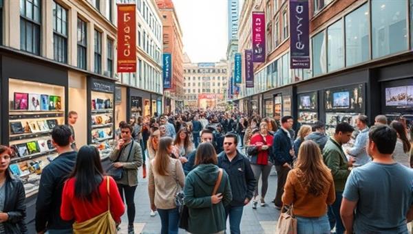 A bustling city square filled with curious shoppers exploring a vibrant pop-up store showcasing the latest tech gadgets, interactive displays, and enthusiastic staff assisting customers, creating a dynamic and engaging shopping experience.