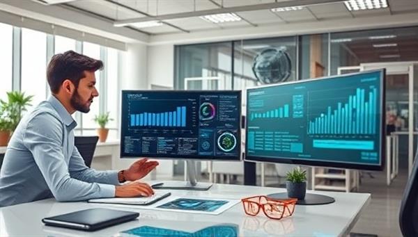 An office setting with professionals interacting with AI-powered decision-making software, analyzing data visualizations and strategic insights generated by AI algorithms, highlighting the efficiency and innovation of AI-driven decision-making consultancy.