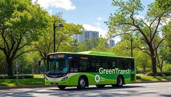 An image of a GreenTransit biofuel-powered shuttle bus driving through a lush urban park surrounded by green trees and clear skies, symbolizing clean and sustainable transportation options for city commuters and travelers, with a focus on environmental conservation.