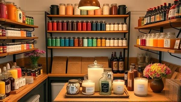 A cozy candle making workshop with shelves filled with colorful wax, essential oils, and wicks, surrounded by finished candles in elegant glass jars and rustic packaging, emitting a warm and inviting ambiance ideal for creative expression.