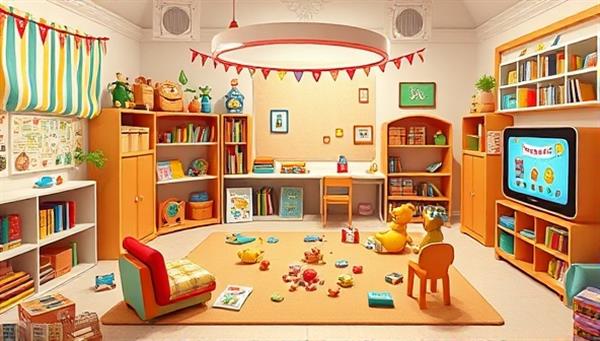 A vibrant virtual playroom filled with educational toys, books, and interactive screens, showcasing a modern parenting environment that balances digital tools with hands-on learning experiences, promoting interactive and engaging parenting practices in the digital era.
