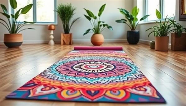 A vibrant and creatively designed yoga mat featuring intricate patterns and colors, laid out in a serene yoga studio setting with soft lighting and green plants, evoking a sense of tranquility and personalized wellness in yoga practice.