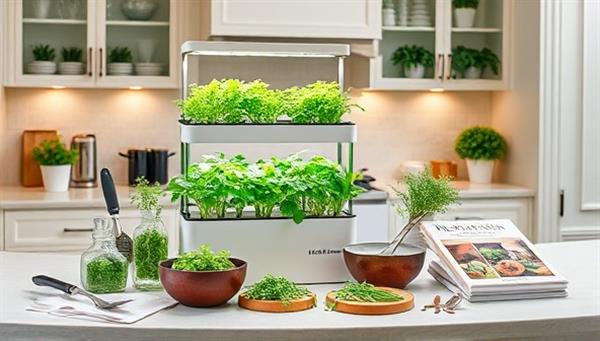 An elegant kitchen setup with a HerbHaven Subscription hydroponic herb garden kit displayed on a countertop, showcasing lush green herbs flourishing under grow lights, alongside cooking utensils and recipe books, illustrating the convenience and freshness of homegrown herbs in culinary creations.