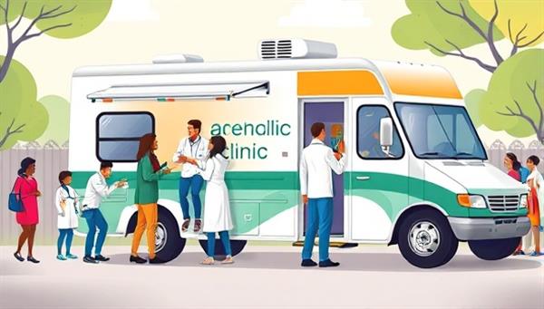 An illustration of a vibrant mobile health clinic unit parked in a community setting, with medical professionals attending to patients, conducting screenings, and engaging with individuals, symbolizing accessible and inclusive healthcare services on the go.
