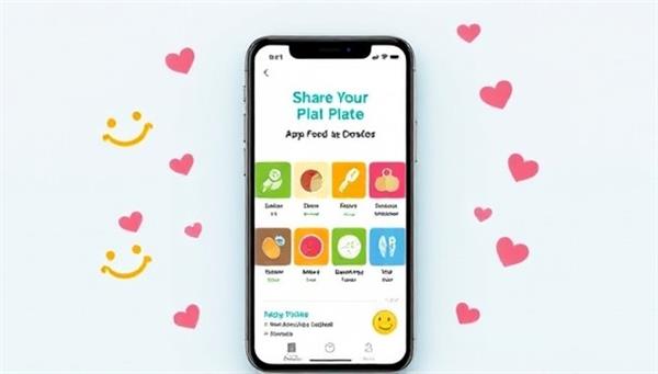 A smartphone screen displaying the Share Your Plate app interface with colorful food icons representing different donation options, surrounded by happy faces and heart symbols, illustrating the concept of sharing food and reducing waste through technology.
