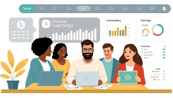 An engaging digital illustration of a diverse group of individuals receiving financial coaching through a virtual platform, with interactive tools and charts displaying financial progress and goals in a modern and user-friendly interface.
