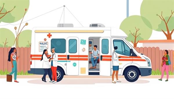 An illustrative design of a mobile clinic vehicle parked in a community setting, with medical professionals attending to patients outside the clinic, showcasing accessibility and community outreach in healthcare services.