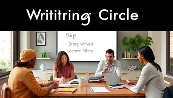 A virtual writing circle setup with diverse writers connecting through online platforms, sharing writing tips, discussing story ideas, and providing encouragement to each other, creating a collaborative and motivating environment for the WriteSync Circles accountability groups.