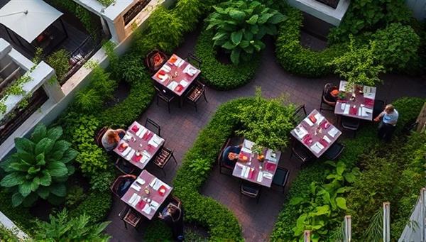 An aerial view of a lush rooftop garden with dining tables set up amidst greenery, with chefs harvesting fresh herbs and vegetables for the evening
