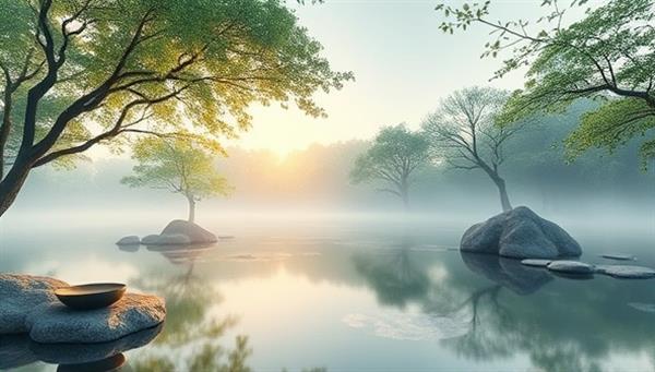 An ethereal and tranquil virtual space featuring serene nature scenes, soothing sounds, and peaceful meditation settings, encapsulating the essence of Serenity Haven