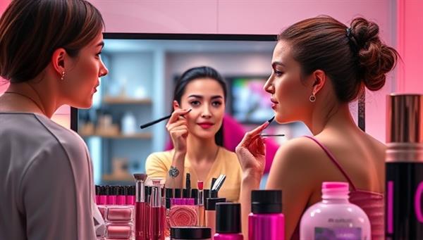 An artistic depiction of a virtual beauty consultation, with a split-screen showing a professional makeup artist guiding a client through a skincare routine, surrounded by colorful cosmetic products and beauty tools, creating a vibrant and interactive beauty experience.