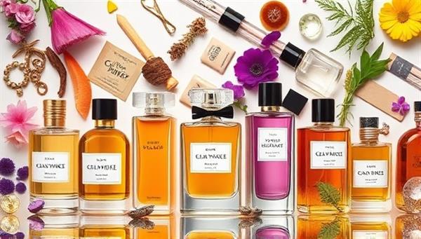 An artistic image of various perfume bottles and scent notes arranged in a visually appealing way, symbolizing the creativity and customization options available in the online fragrance creation platform.