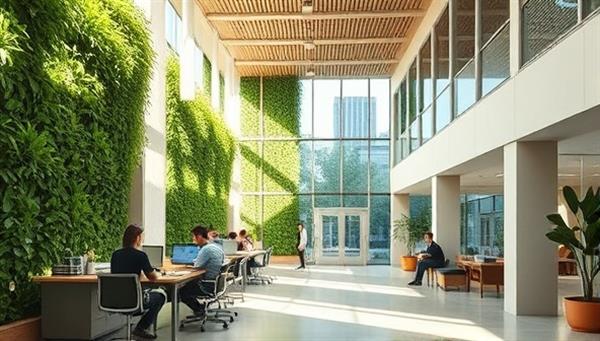 An interior space featuring biophilic design elements such as living green walls, natural light, and organic materials, creating a harmonious and rejuvenating environment, with people engaged in work and relaxation activities, showcasing the wellness benefits of biophilic design in buildings.