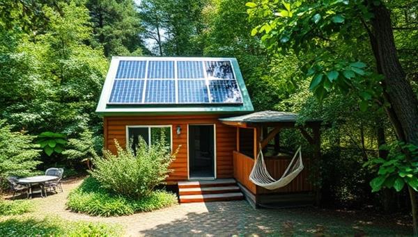 A serene natural setting with a tiny house nestled among lush greenery, solar panels on the roof, and a small patio with a hammock, inviting viewers to escape to a sustainable paradise.