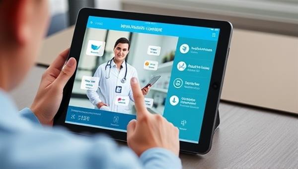 A digital interface displaying a user interacting with a virtual healthcare concierge on a tablet, accessing telemedicine services, scheduling appointments, and monitoring vital signs, illustrating the convenience and personalized care provided by MediMate