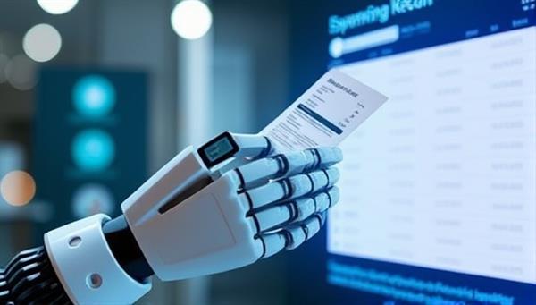 An engaging visual of a futuristic robot hand holding a stack of receipts and scanning them into a digital interface, symbolizing automation and efficiency in expense tracking.