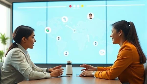 An engaging virtual meeting scene showing individuals from different cultures conversing seamlessly with the assistance of digital language interpretation services, highlighting efficient communication and global connectivity.
