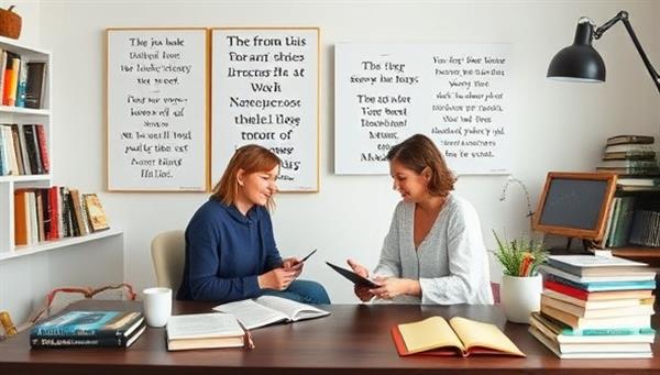 A virtual mentorship studio setting with a seasoned author providing feedback and guidance to a writer on their work-in-progress, surrounded by inspirational writing quotes, books, and creative tools, reflecting a supportive and enriching mentorship environment for writers to grow and flourish.