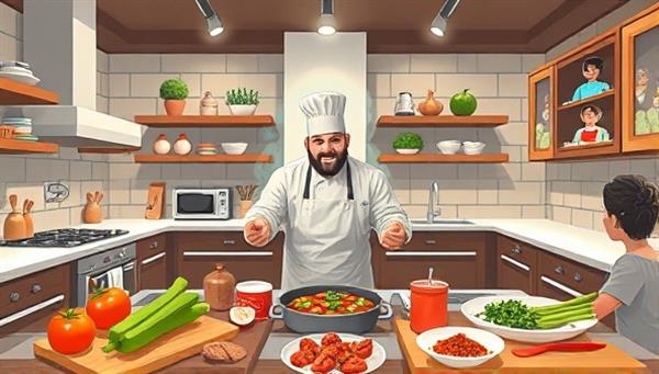 An appetizing digital illustration of a virtual kitchen studio with a chef preparing a gourmet dish, surrounded by fresh ingredients, cooking utensils, and a diverse group of participants following along in their own kitchens, creating a vibrant and interactive culinary experience in a virtual space.