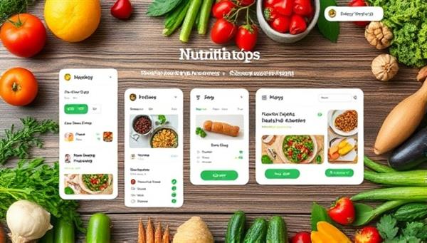 An interactive nutrition coaching platform interface showcasing meal plans, nutritional tips, and food tracking tools, surrounded by images of fresh fruits, vegetables, and wholesome ingredients, promoting healthy eating habits and dietary wellness.