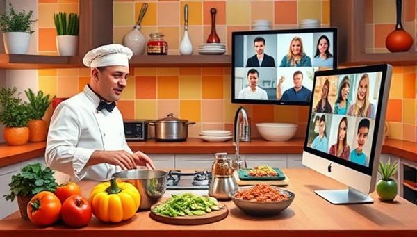A colorful kitchen scene with a chef conducting a virtual cooking class, surrounded by fresh ingredients, cooking utensils, and a computer screen displaying eager participants following along, creating a vibrant and interactive culinary atmosphere.