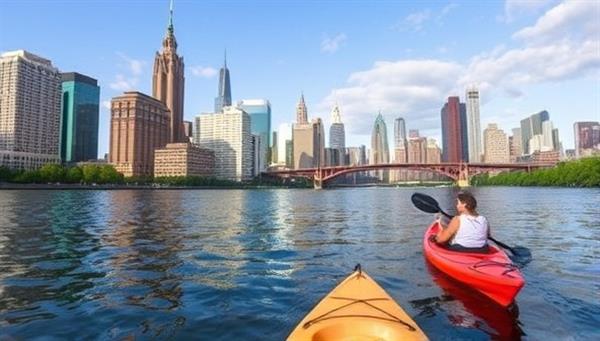 An urban skyline with kayaks gliding along a serene river in the foreground, with paddlers enjoying the cityscape from a different perspective, capturing the essence of urban water exploration at PaddleCity Rentals.