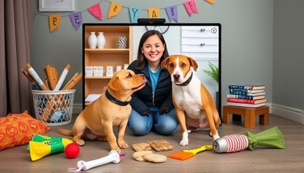 An engaging and interactive virtual pet training session featuring a trainer demonstrating obedience techniques with a dog on a video call, surrounded by pet training props, treats, and toys, creating a positive and educational pet training environment.