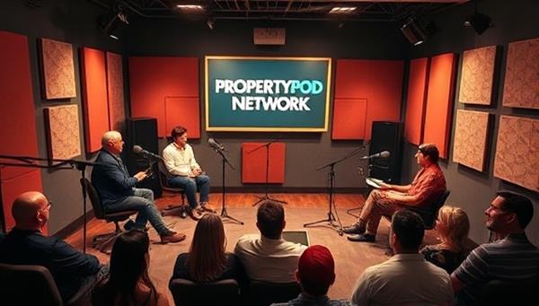 An artistic representation of a vibrant podcast studio with hosts recording real estate episodes, surrounded by microphones, soundproofing panels, and a live audience engagement setup, capturing the dynamic and interactive nature of the PropertyPod Network.