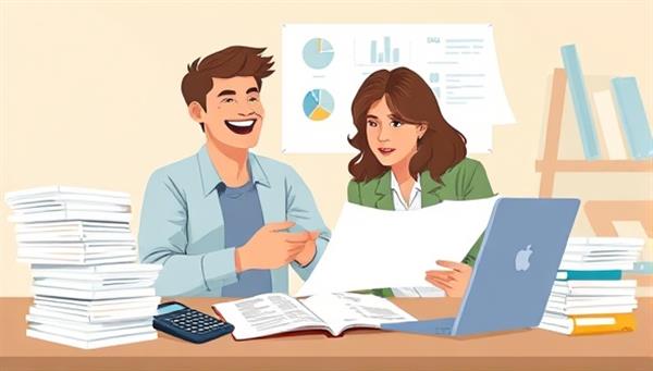An illustration of a freelancer happily reviewing financial documents with a tax professional, surrounded by stacks of papers and a calculator, symbolizing tax optimization and financial efficiency in a freelance setting.