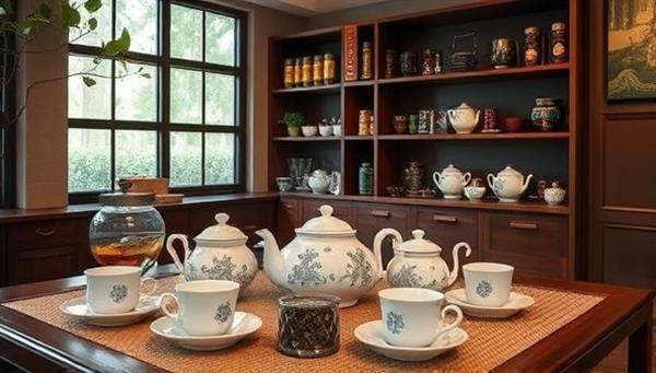 A serene tea room adorned with intricate teapots, delicate tea cups, and exotic tea leaves from various regions, inviting customers to immerse themselves in a sensory journey of tea appreciation and cultural exploration.