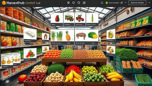 A dynamic virtual marketplace interface showcasing a diverse range of agricultural products, from fresh produce to farming equipment, with interactive features for product listings, buyer-seller communications, and secure transactions, illustrating the convenience and efficiency of HarvestHub Connect