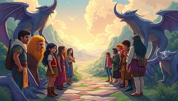 An illustration of a group of diverse characters in a fantasy world, facing a pivotal decision point in their journey, surrounded by magical creatures and landscapes, highlighting the immersive and interactive nature of StoryQuest Club