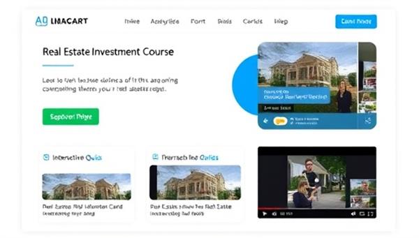 A digital learning platform interface featuring real estate investment course modules, interactive quizzes, and video tutorials, creating a dynamic and engaging online educational experience for aspiring real estate investors.