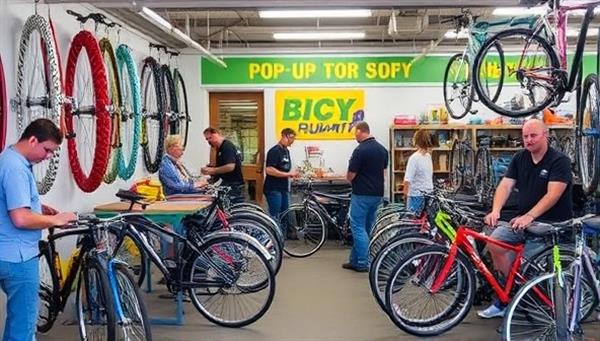 A vibrant pop-up shop set up with colorful bicycles on display, technicians working on repairs, and customers chatting and trying out different bikes, creating a lively and engaging atmosphere.